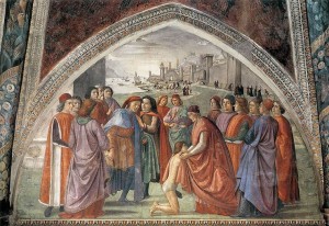Vita artistica di Ghirlandaio: Affreschi della Cappella Sassetti: Rinuncia agli aver, anno 1482-85, affreschi su muro, Cappella Sassetti, Santa Trinita, Firenze.